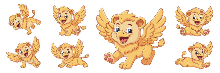 Adorable cartoon baby griffin character in a set of playful poses, including flying, running, and resting, designed as a cute vector illustration or graphic resource for children's fantasy themes, edu