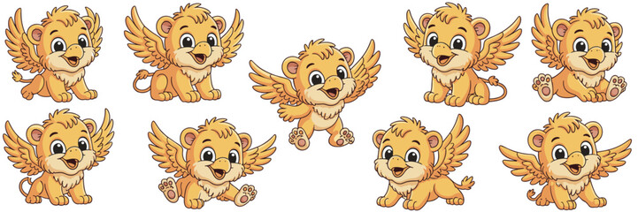 Comprehensive set of adorable cartoon baby griffins posing happily, a mythical winged lion cub and eagle beak mascot collection vector illustration for children's learning, fantasy games, branding, an