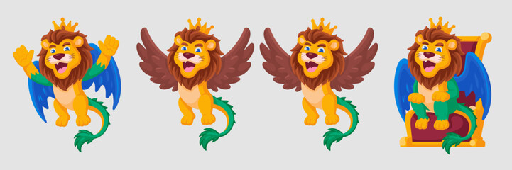 Regal crowned lion king mascot character, a playful mythical beast with a dragon tail and vector wings, dynamically posing and sitting on a golden throne; diverse cartoon graphic asset illustrations i