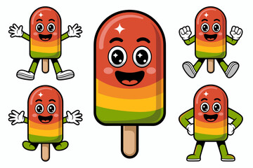 Five energetic, cheerful, and cute cartoon anthropomorphic striped fruit popsicle stick mascot character poses in a vibrant vector illustration, perfect bundle for sweet frozen summer treats, food adv