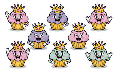 Cute vector illustration of happy smiling royal cupcake characters, a set of pink, lavender, and mint sweet pastry dessert mascots wearing golden princess crowns, ideal graphic resources for children'
