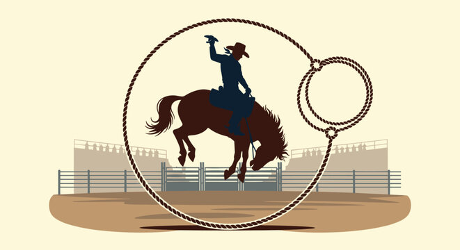 Dynamic rodeo illustration of a cowboy silhouette on a bucking bronco, framed by a looping rope lasso in a western arena.