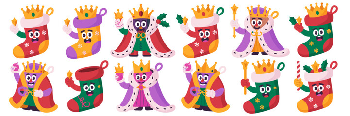 Cheerful graphic set of Three Kings and Magi characters depicted as whimsical Christmas stockings and royal figures, celebrating the Epiphany holiday tradition, perfect for seasonal advertising, greet