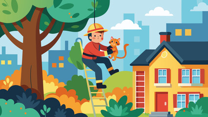 A man in a fireman's uniform is holding a cat on a ladder. The cat is on the roof of a house