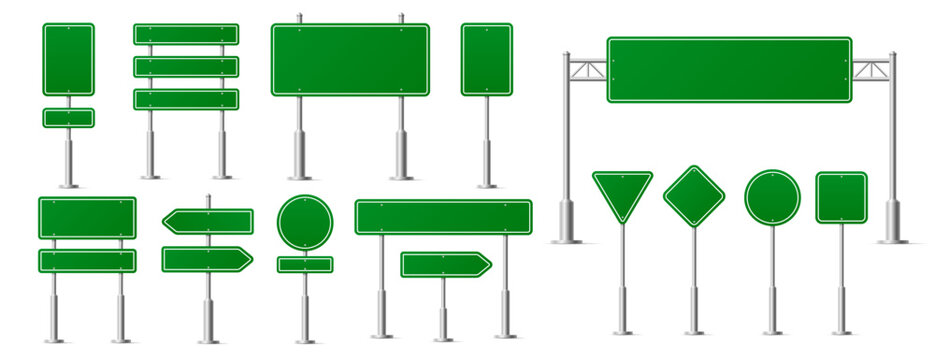 Green road street signs, directions signage with metal stands and posts. 3d Vector blank traffic signs for roads, highways or city navigation, transportation maps, travel infographics, driving school
