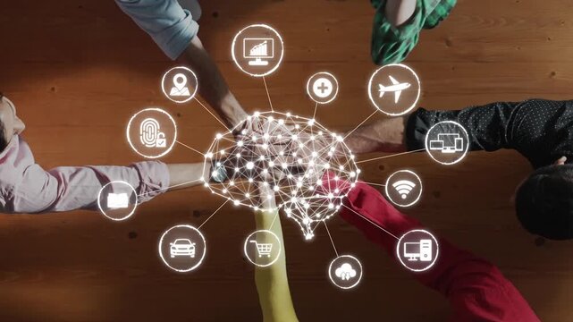 An engaging visual depicting a human brain intertwined with technology icons, illustrating the interconnection of ideas, digital resources, and modern concepts. Raster