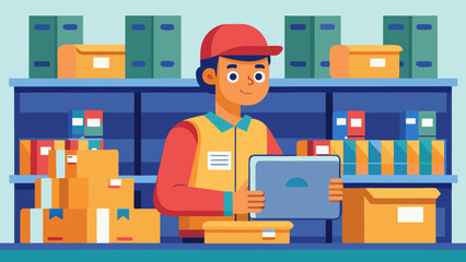 A man in a yellow vest is standing in a warehouse with a tablet in his hand. He is smiling and he is enjoying his work