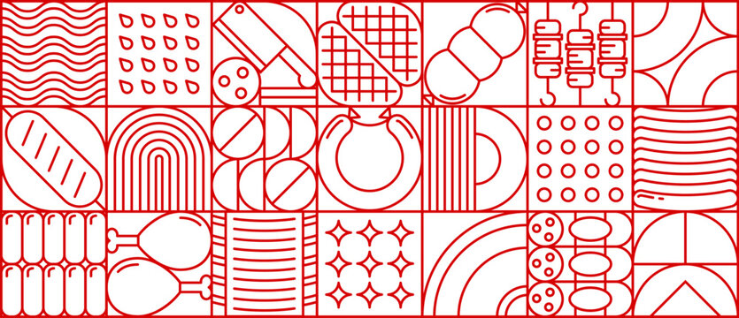 Abstract geometric meat pattern. Vector red line art tile background, culinary backdrop featuring assorted food elements like meat, sausages, bread and cooking utensils in a modern, linear grid layout