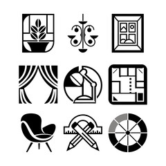 A minimal icon set representing key elements of interior design, including furniture, lighting, planning tools, room layout, decor items, and visual styling components.