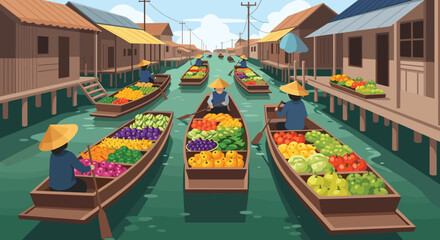 Bustling traditional floating market in Thailand with vendors in boats selling fresh fruits and vegetables along a waterway.