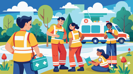 A group of people are standing around a vehicle with an ambulance on it. One person is holding a book