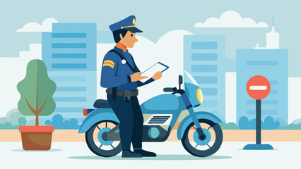 A police officer is on a motorcycle and is looking at a piece of paper. The scene is set in a city with tall buildings in the background