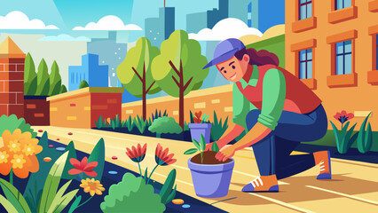 A woman is planting a flower in a pot. The scene is set in a city with a brick wall in the background