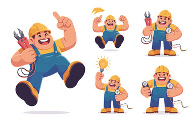 Energetic cartoon electrician mascot character in safety hardhat and blue overalls celebrating success and bright new ideas with pliers and multimeter tools, perfect vector illustration for profession