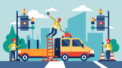 A group of construction workers are working on a street. One of the workers is on a ladder, and another is on a truck. The scene is set in a city with traffic lights and a few cars