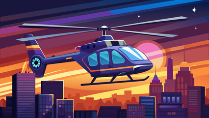 A helicopter is flying over a city at sunset. The sky is filled with stars and the city is lit up with lights. Scene is peaceful and serene, as the helicopter soars above the bustling city below