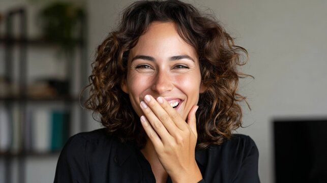 Woman laughing joyfully in office.