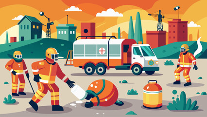 A group of firefighters are working to put out a fire. The scene is set in a city with a truck and a building in the background