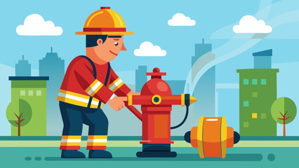 A man in a fireman's uniform is putting out a fire. The scene is set in a city with buildings in the background