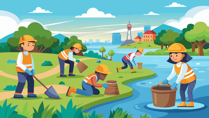 A group of people are working together to clean up a river. The scene is set in a park with a city in the background. The workers are wearing safety gear and are using shovels