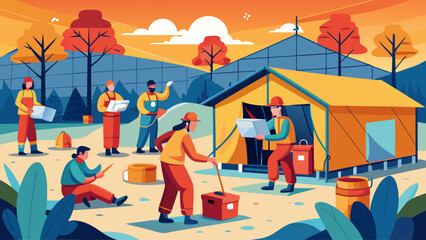 A group of people are working on a construction site. The workers are wearing hard hats and are using tools to build a structure. The scene is set in a forest, with trees in the background