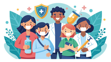 A group of people wearing masks and holding bottles and syringes. Scene is serious and focused on healthcare