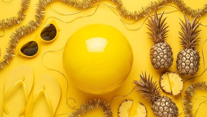 Bright Yellow Flat Lay with Sunglasses, Flip Flops, and Pineapples