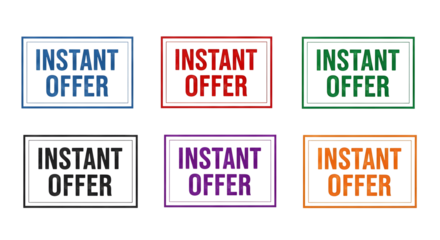 Six distressed instant offer badges in vibrant colors on transparent background