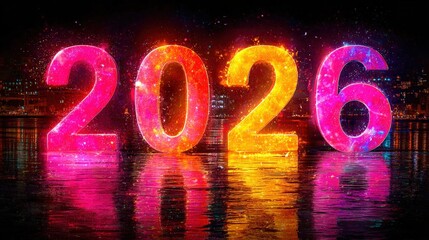Glowing numbers representing the year two thousand twenty six stand prominently against a dark cityscape reflected in wet ground