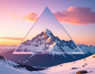 Snowy mountain peak framed by a translucent triangle at sunset