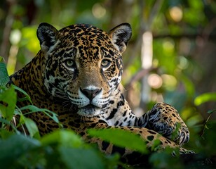 Obraz premium A close-up shot of a jaguar resting amongst lush green foliage, gazing directly at the viewer