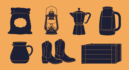 Collection of rustic and western-themed silhouettes including cowboy boots, a coffee pot, a lantern, and a wooden crate.