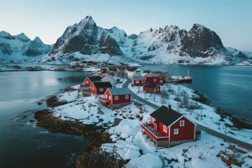 Snow-covered red houses on a coastal island with snow-capped mountains in the background