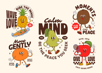 Cheerful fruit groovy characters stickers and t shirt prints. Cartoon vector funky y2k pineapple, pear, apple, orange and kiwi personages with retro sneakers, joyful faces and motivational quotes