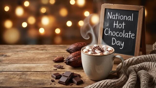 A visually appealing close-up shot captures a steaming mug of hot chocolate, lavishly adorned with fluffy marshmallows and delicate chocolate shavings, resting on a textured wooden table. Nearby, seve