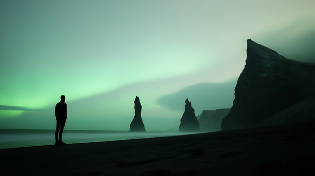 A solitary figure stands on a black sand beach under an ethereal green sky, gazing out at jagged rock formations emerging from the misty sea. The scene evokes a sense of wonder and solitude. - Powered by Adobe