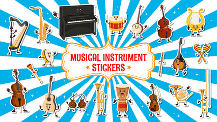 Musical instrument characters stickers pack of harp, piano and saxophone, drums, violin, trumpet, guitar and maracas. Vector cartoon cello, tambourine, flute, percussion, tuba for festival and party