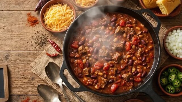 A visually appealing, hearty pot of chili simmers in a rustic cast iron skillet, emanating enticing steam that suggests warmth and freshness. The rich, red stew is generously filled with tender meat, 