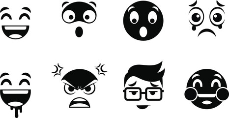 Collection of black and white emoji icons representing various human emotions and expressions for digital communication and social media platforms