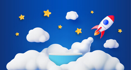 3d round kids podium vector stage. Red and white rocket flying among fluffy white clouds and golden stars in a blue sky. Childlike podium pedestal for children presentation, product showcase