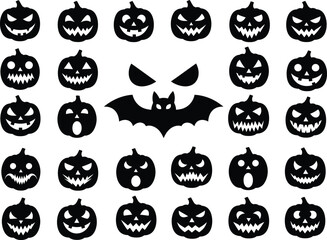 Obraz premium Collection of halloween pumpkin faces and bat silhouette perfect for spooky season decorations and festive graphic designs on white background