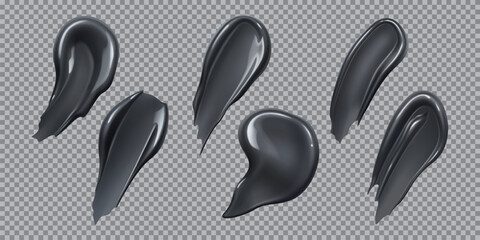 Realistic black gel or lotion cream and cosmetic swatch smears set, vector texture. Black cream swatch strokes and smudges of charcoal lotion gel or paint drop blobs for facial mask or makeup cream