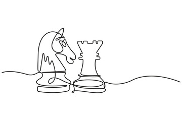 Chess icon continuous one line drawing minimalist outline vector illustration.Continuous line drawing of chess pieces,Chess king knight rook minimalist outline vector.Strategy Games Continuous Line. © Moshiur