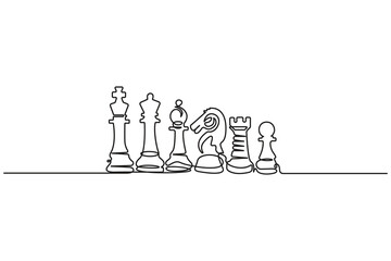 Chess icon continuous one line drawing minimalist outline vector illustration.Continuous line drawing of chess pieces,Chess king knight rook minimalist outline vector.Strategy Games Continuous Line. © Moshiur