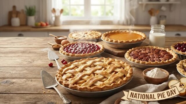 A visually rich display of freshly baked, steaming pies graces a rustic wooden kitchen table, bathed in soft, natural light filtering through a window. The delightful assortment includes classic apple
