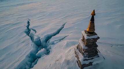 A snow-covered landscape with a crevasse and a stupa-like structure creates a serene and desolate scene, merging natural elements with a hint of spirituality. The vast expanse evokes contemplation.