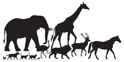 Collection of diverse animal silhouettes walking in a line, showcasing different sizes and species.