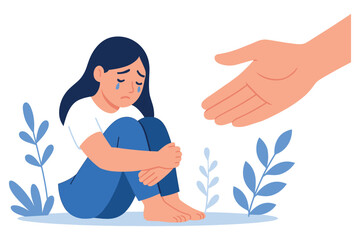 Obraz premium Sad girl sitting on ground with tears receiving caring helping hand offering comfort and support, flat vector illustration
