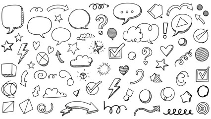 Collection of hand-drawn doodle elements, icons, and symbols in black and white
