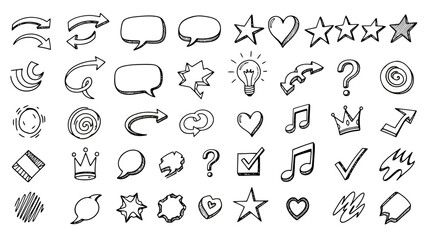 Hand-Drawn Doodle Elements Collection: Arrows, Hearts, Stars, and Speech Bubbles